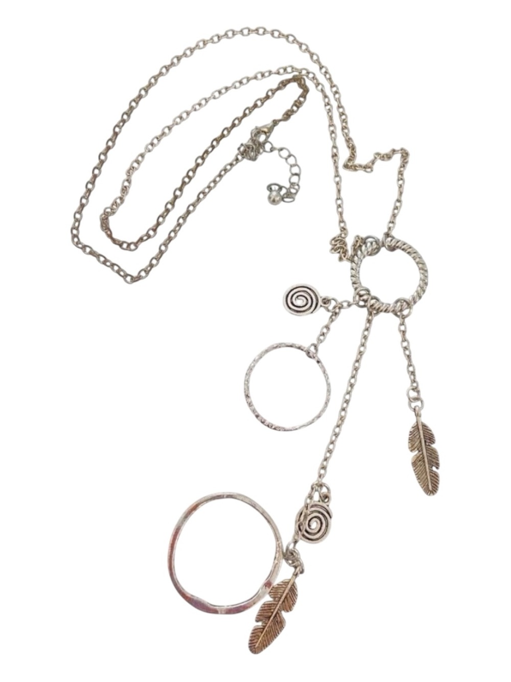 Boho Silver tone Feather Charm Necklace With Dreamcatcher Style & Swirl Design